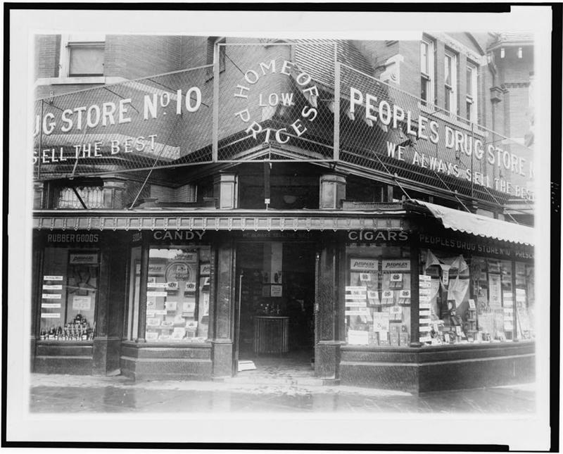 Washington Heights Historic District, People's Drugstore no. 10, exterior view of storefront, [1922 (?)]