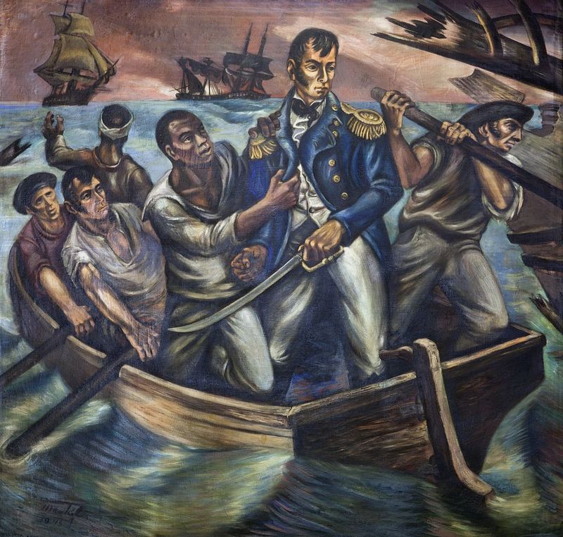 "Cyrus Tiffany in the Battle of Lake Erie, September 13, 1813," mural by Martyl Schweig, at the Recorder of Deeds building, built in 1943. 515 D St., NW, Washington, D.C.