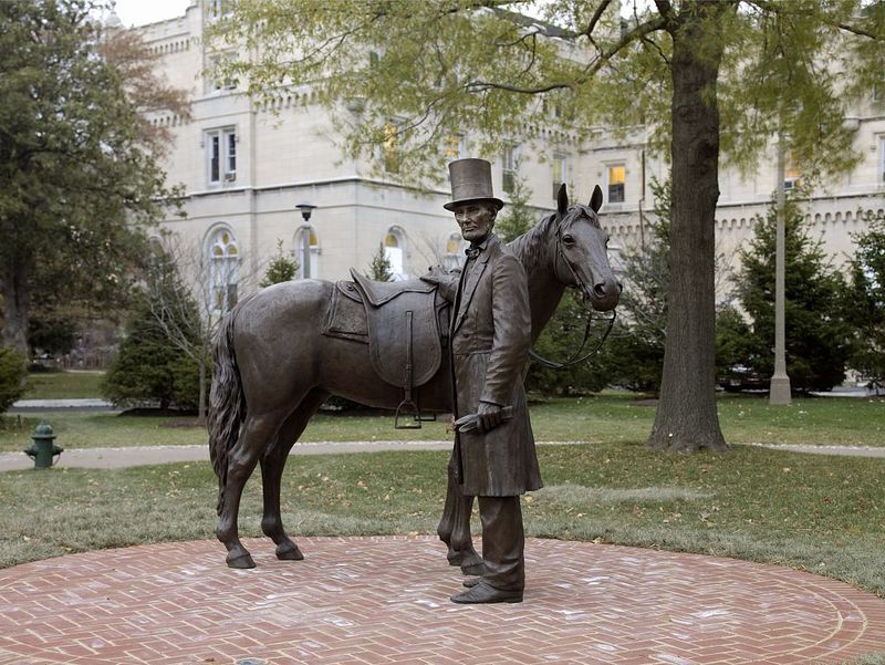 Bronze statue of Abraham Lincoln and his horse at the Lincoln Summer Home located on the grounds of the Armed Forces Retirement Home in northwest Washington, D.C.